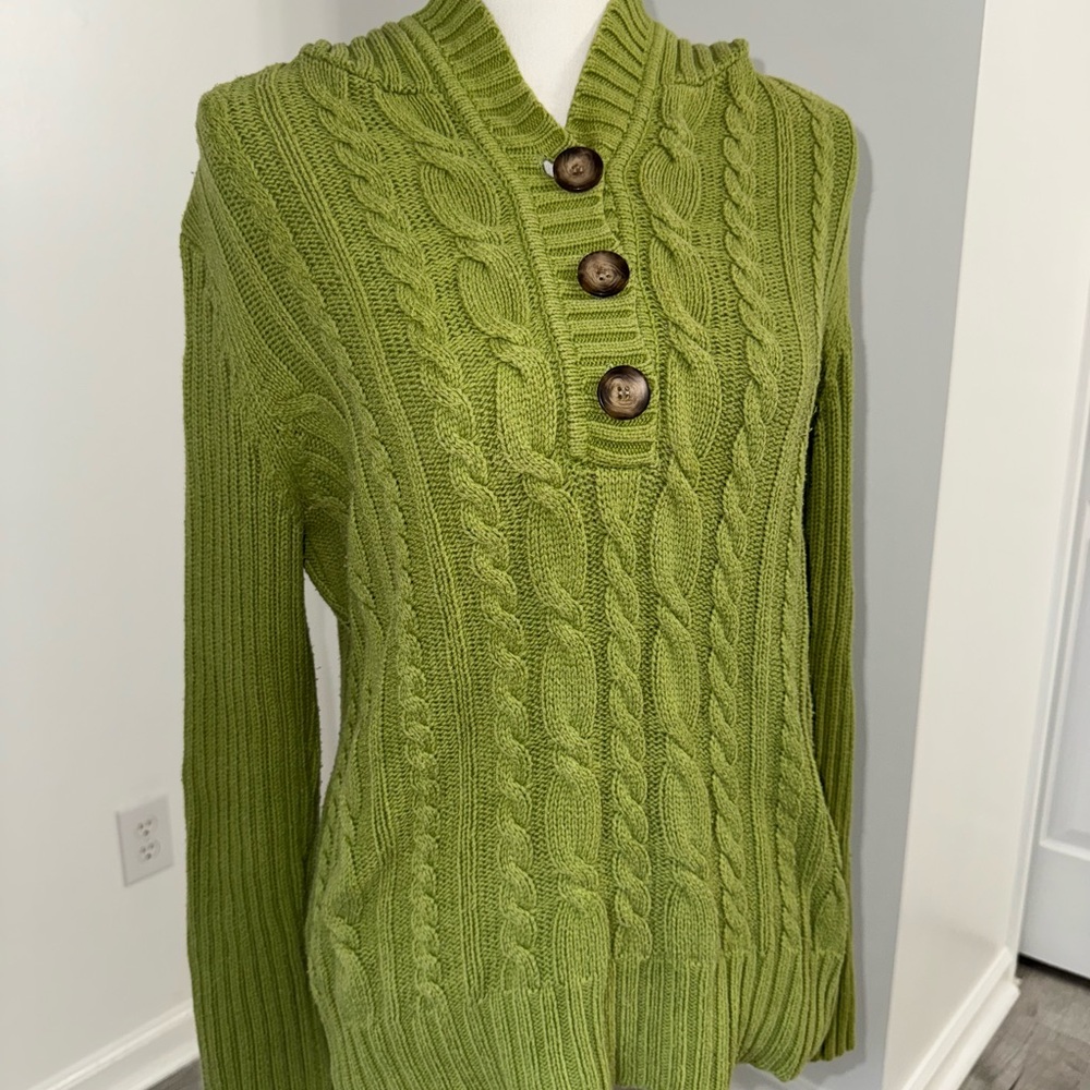 Style & Co Green Cable Knit Sweater XL Button Henley Collar Cozy - Picture 2 of 9